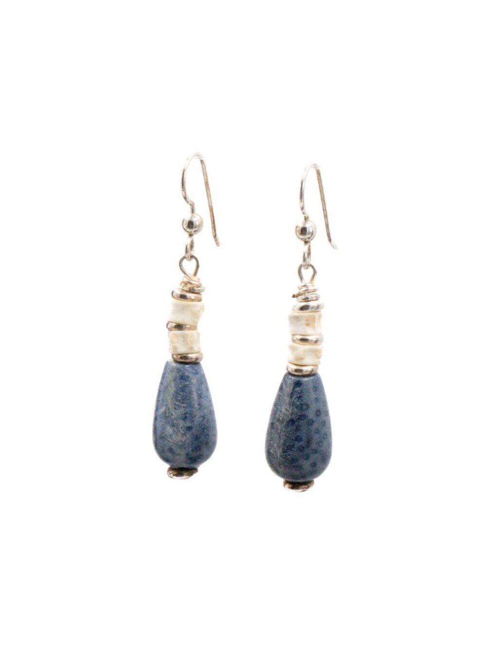 Sterling Silver Blue Coral Seashell Dangle Earrings 2 Inch Coastal